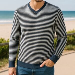 Hawker Rye Cotton Cashmere Size Large Blue & Gray Striped Lightweight Sweater